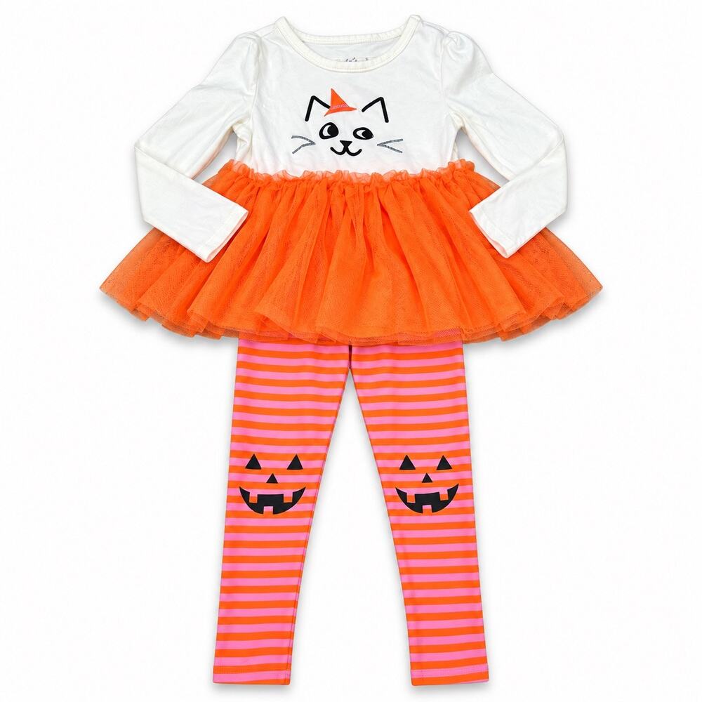 Cat & Jack Girls 3T Halloween Cat Tutu Tunic Leggings Outfit Pumpkin 2 Piece